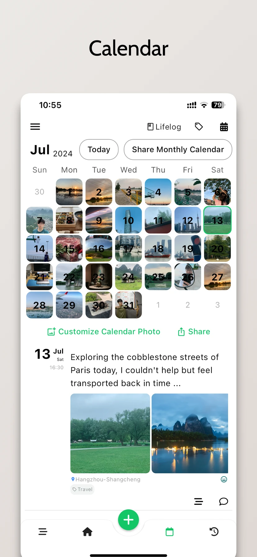 Photo calendar with daily photo thumbnails and the selected day’s journal entry