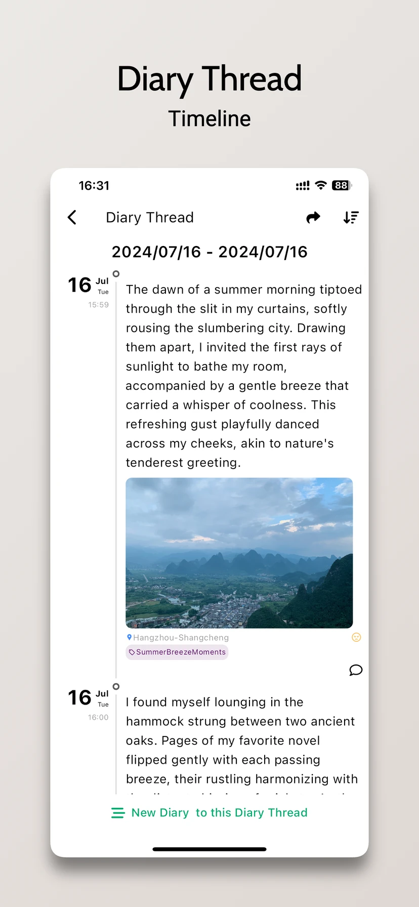 Diary Thread timeline showing connected entries with text, photos, and an option to add a new entry